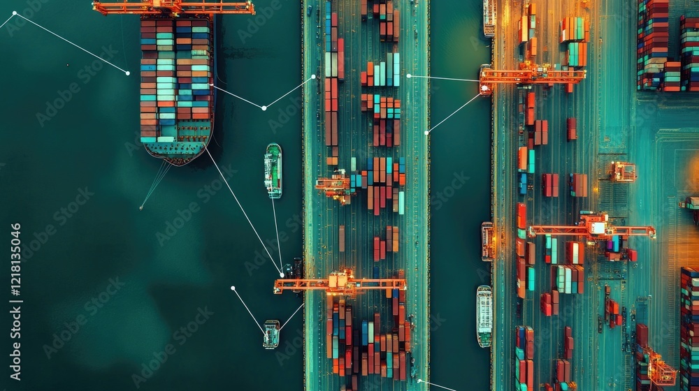 Poster Aerial view of a busy port with digital lines connecting various areas, symbolizing modern logistics, global trade, and interconnected transportation systems