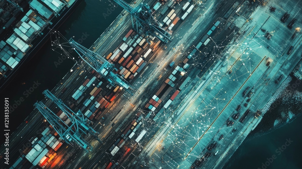 Poster aerial view of a busy port with digital lines connecting various areas, symbolizing modern logistics