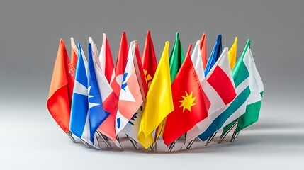 Global flags meeting, studio shot, international cooperation, neutral background