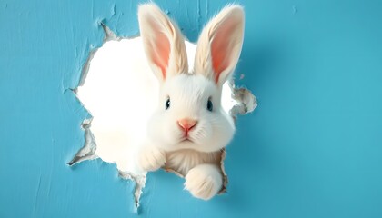 Obraz premium Adorable White Bunny Peeking Through a Hole in a Blue Wall