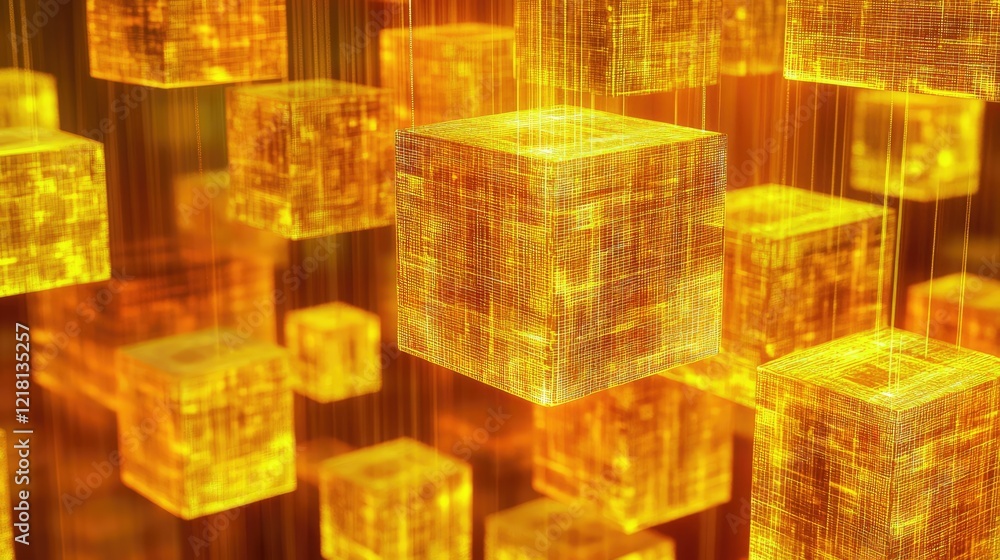Poster an abstract 3d image of a dynamic array of cubes, each illuminated with data patterns, symbolizing d