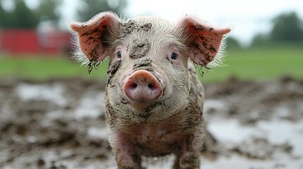 Fototapeta premium A Mud Covered Piglet Looks Directly At The Camera