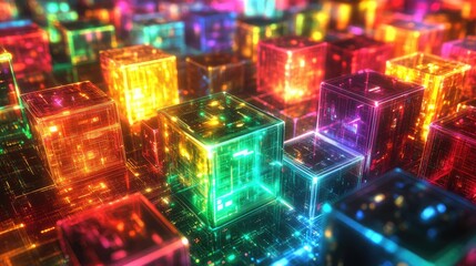 An abstract 3D image of a dynamic array of cubes, each illuminated with data patterns, symbolizing digital data flow and technology advancements