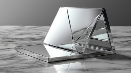 Silver compact mirror on marble; vanity reflection