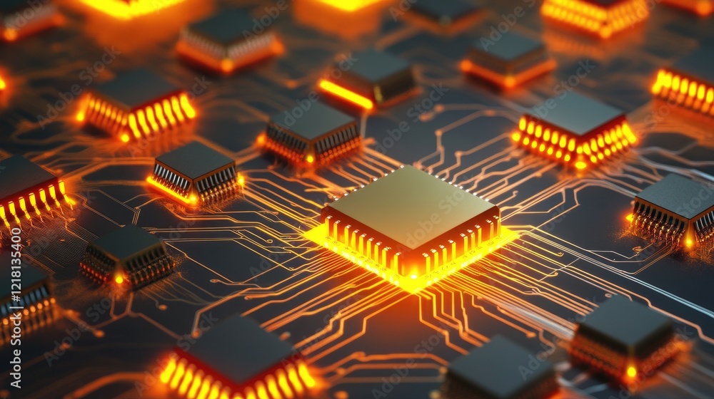 Aufkleber an abstract 3d image of connected microchips and their intricate circuit diagram, glowing with energ