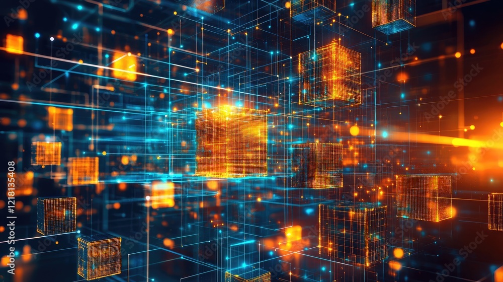 Poster an abstract 3d image of a dynamic array of cubes, each illuminated with data patterns, symbolizing d