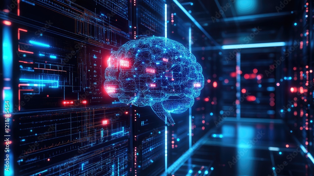 Poster An abstract 3D visualization of digital data storage, processing, and AGI, representing the future of artificial intelligence and its role in data management