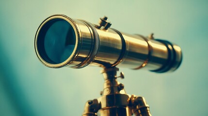 Naklejka premium Brass telescope, studio shot, blue backdrop, exploration concept