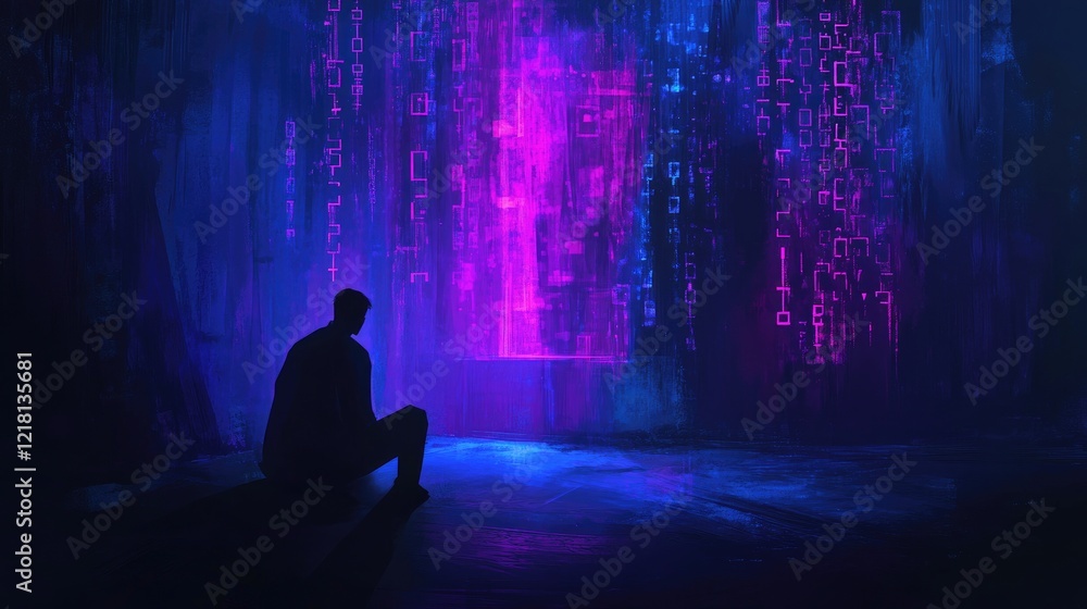 Poster An abstract image of a suspicious hacker in a dark room, surrounded by floating digital codes, representing identity theft and cybercrime activities