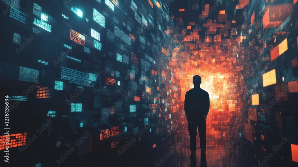 Poster An abstract image of a suspicious hacker in a dark room, surrounded by floating digital codes, representing identity theft and cybercrime activities