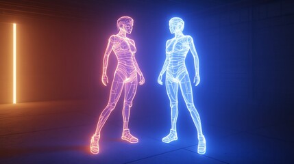 Neon female figures facing, futuristic room, glowing background, digital art