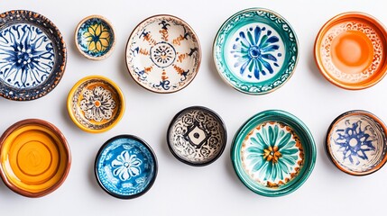 Colorful hand-painted ceramic bowls arranged on white background; overhead shot, food blog use