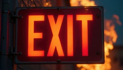 Close-up of exit sign partially obscured by intense flames , close-up, detail