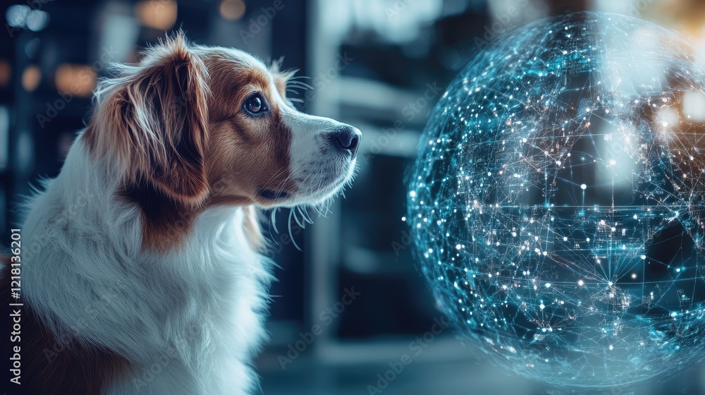 Poster an innovative concept featuring a dog with a digital globe, showing how pets and technology are inte