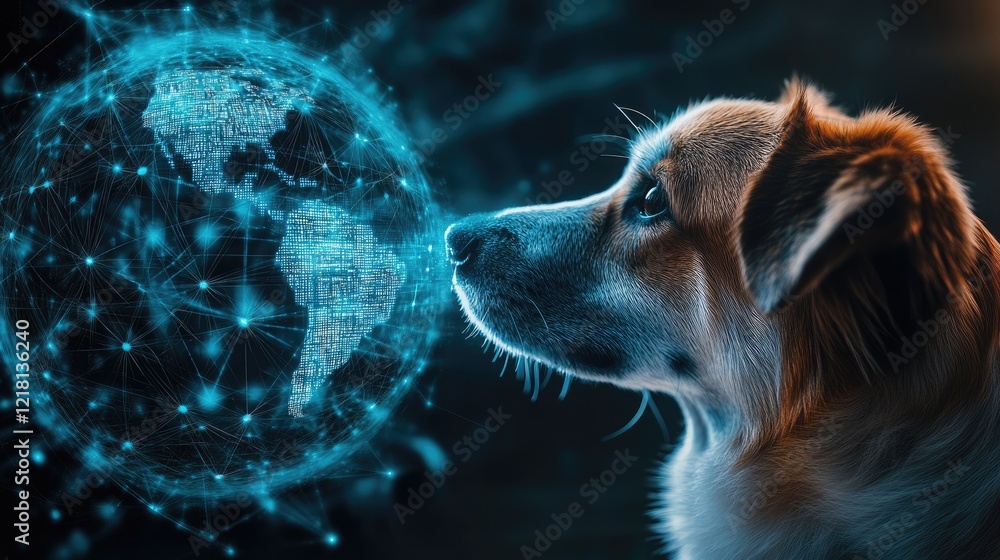 Poster an innovative concept featuring a dog with a digital globe, showing how pets and technology are inte