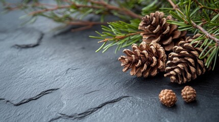 Pine Cones and Evergreen Sprigs on Dark Stone