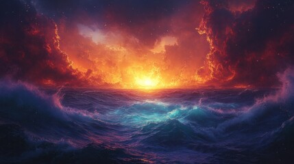Obraz premium Fiery sunset over dramatic ocean waves.