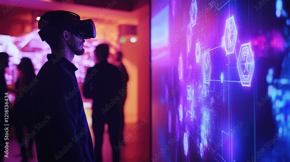 Poster Attendees at a community tech event interactively exploring blockchain concepts using virtual reality or interactive tech displays, highlighting the future of education