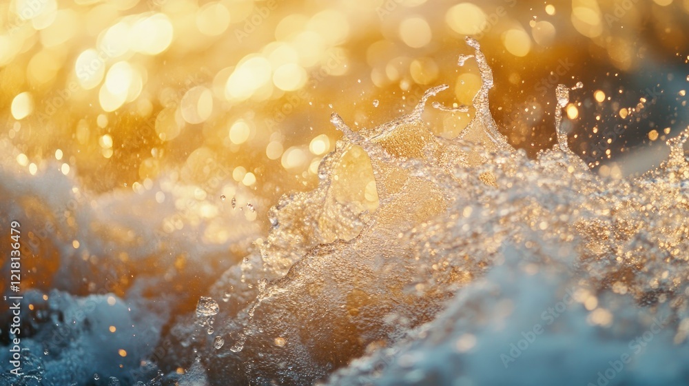 Poster beautiful close-up of a droplet suspended in the air after a wave hit the surface, catching the ligh