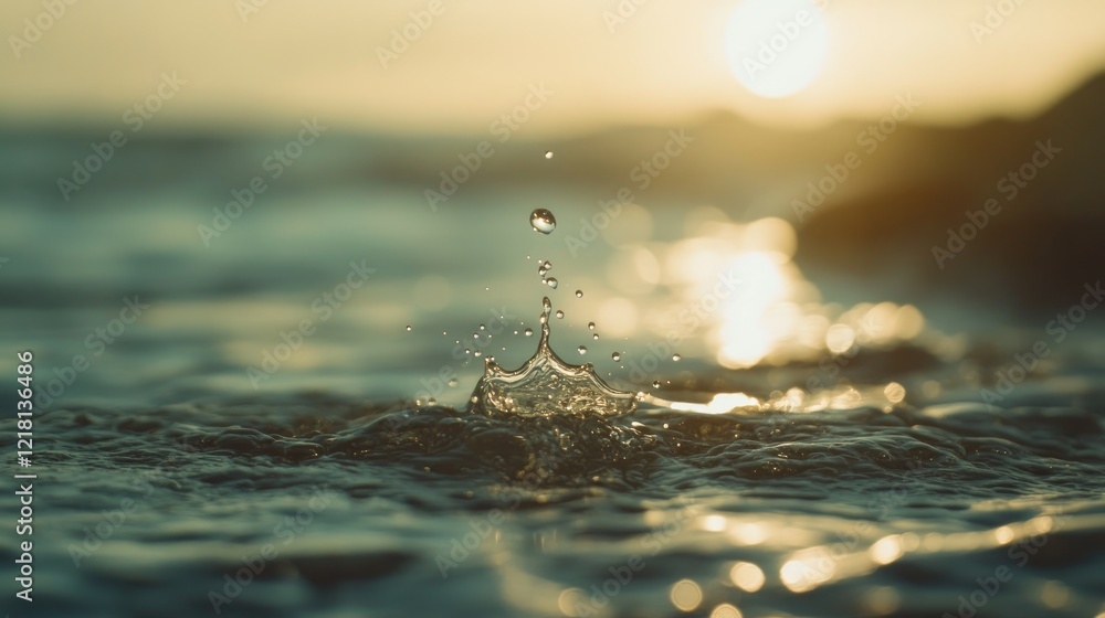 Poster beautiful close-up of a droplet suspended in the air after a wave hit the surface, catching the ligh