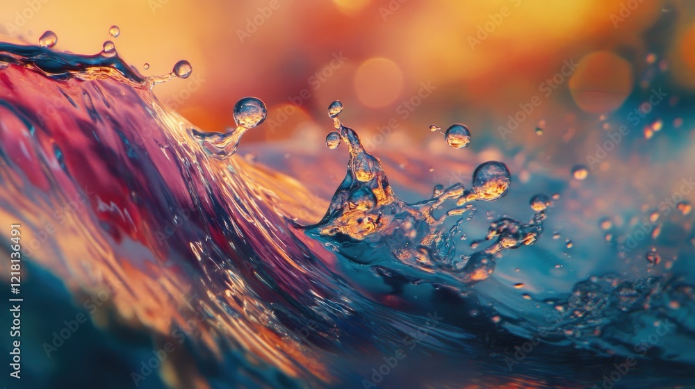 Poster beautiful close-up of a droplet suspended in the air after a wave hit the surface, catching the ligh