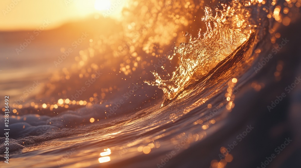 Poster beautiful close-up of a droplet suspended in the air after a wave hit the surface, catching the ligh
