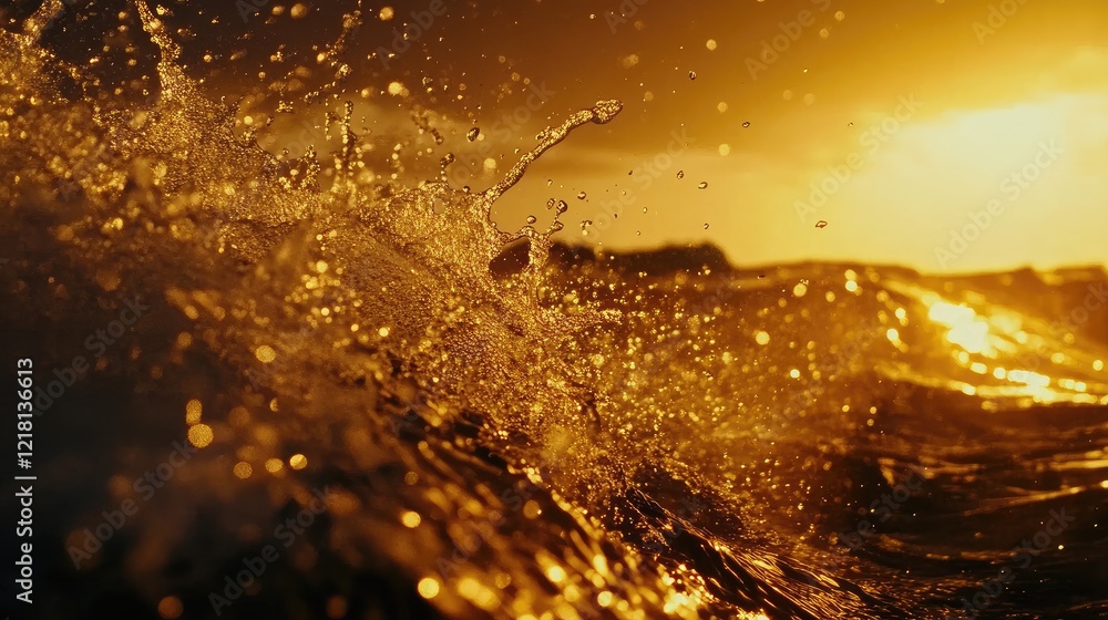 Poster close-up of water droplets splashing as they are hit by ocean waves, reflecting sunlight, with dynam