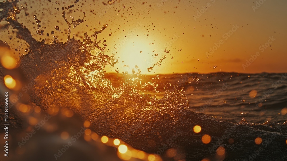 Poster close-up of water droplets splashing as they are hit by ocean waves, reflecting sunlight, with dynam