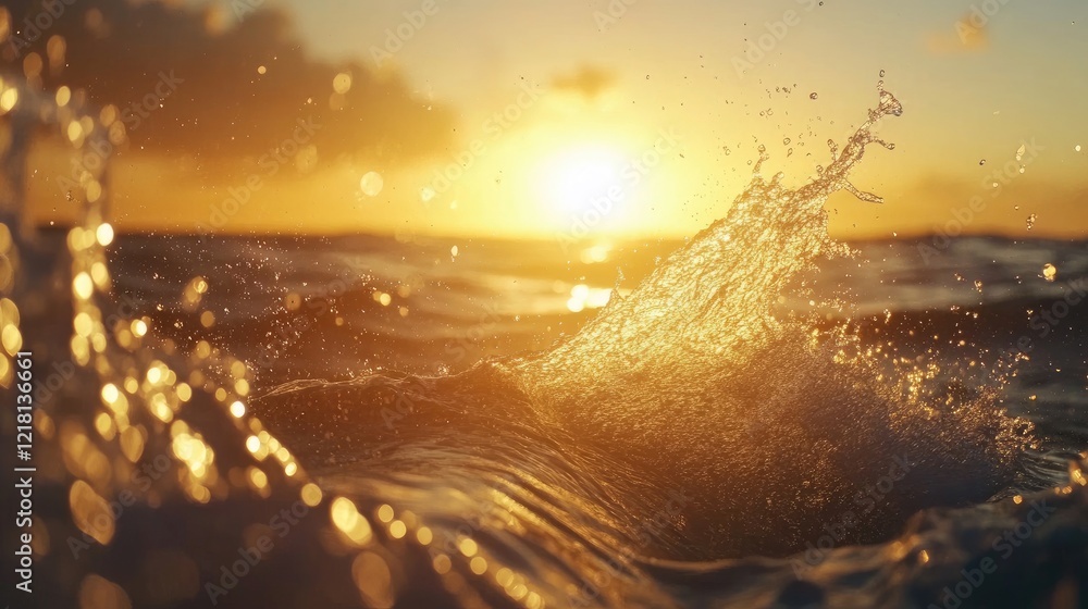 Poster close-up of water droplets splashing as they are hit by ocean waves, reflecting sunlight, with dynam