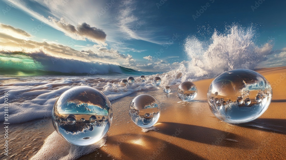 Poster crystal-clear droplets being struck by powerful waves on a beach, capturing the moment of impact wit