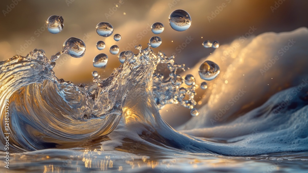 Poster crystal-clear droplets being struck by powerful waves on a beach, capturing the moment of impact wit