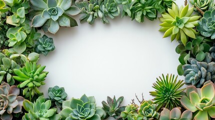 A border of various succulent plants surrounds a white space