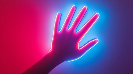 Fototapeta premium Neon hand, vibrant background, futuristic design, digital art