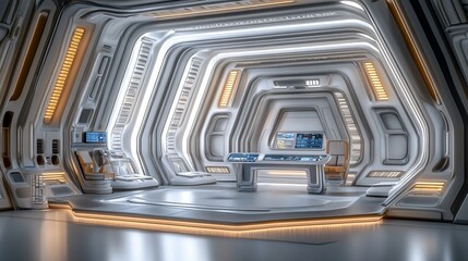 Obraz premium Futuristic spaceship bridge interior, glowing, control panel, screens, background