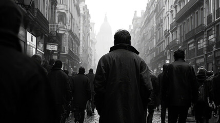 Naklejka premium A solitary figure strolls through a misty European city, surrounded by an anonymous crowd. The urban landscape creates a moody, atmospheric scene.