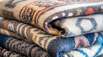 Fototapeta premium Stacked woven blankets, shop display, textile patterns, cozy home decor