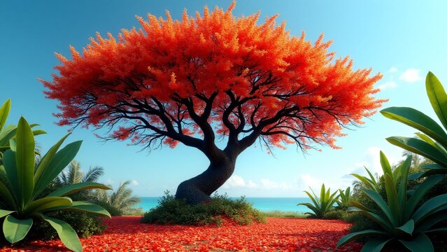 A flamboyant tree with fiery red flowers covering its branches, creating a vibrant scene with colorful blooms and small, delicate leaves in a tropical setting.