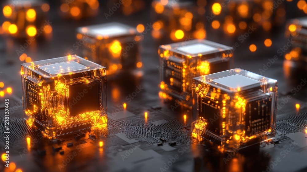 Poster Futuristic 3D visualization of microchips connected by glowing circuits, illustrating the cutting-edge technology behind modern computing