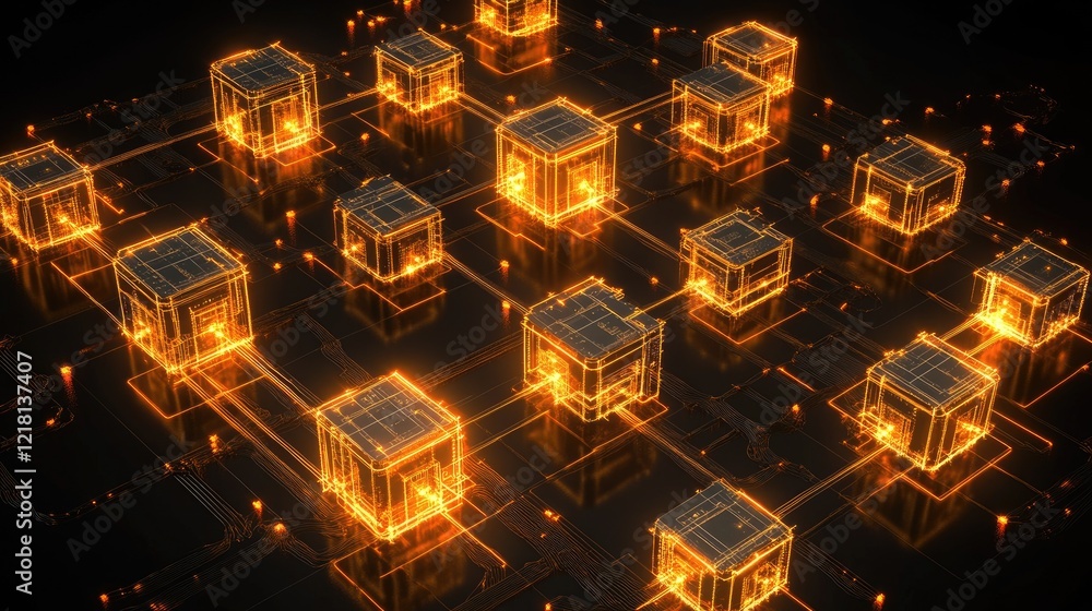 Poster Futuristic 3D visualization of microchips connected by glowing circuits, illustrating the cutting-edge technology behind modern computing