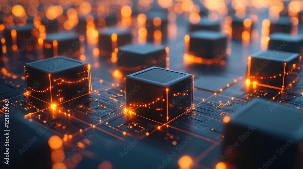 Poster Futuristic 3D visualization of microchips connected by glowing circuits, illustrating the cutting-edge technology behind modern computing