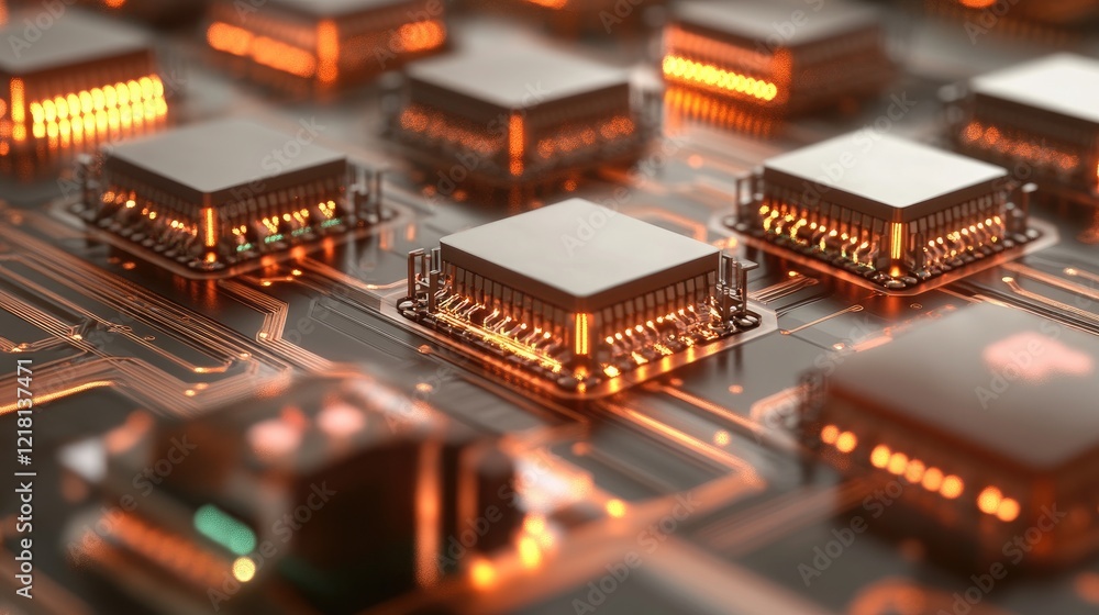 Poster High-tech 3D rendering of interconnected microchips, with intricate circuits and glowing lines, representing the future of technology
