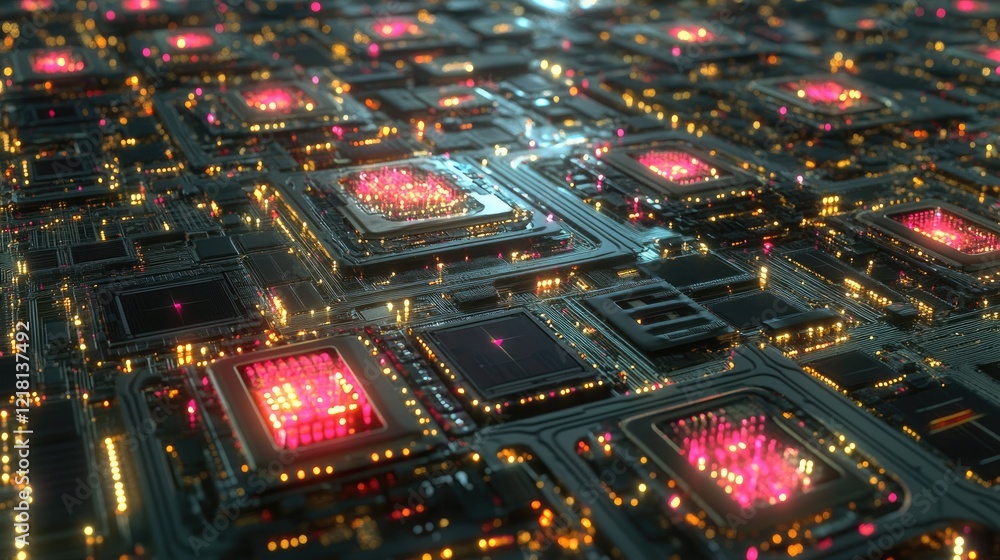 Poster High-tech 3D rendering of interconnected microchips, with intricate circuits and glowing lines, representing the future of technology