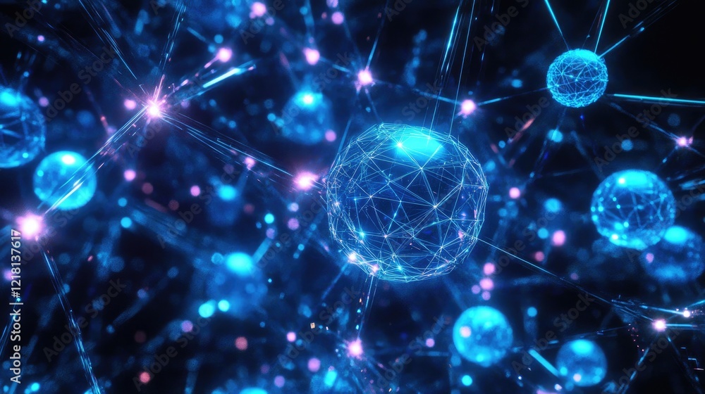 Poster High-tech visualization of AI cubes and spheres connected through glowing networks, representing the advanced nature of artificial intelligence and its capabilities
