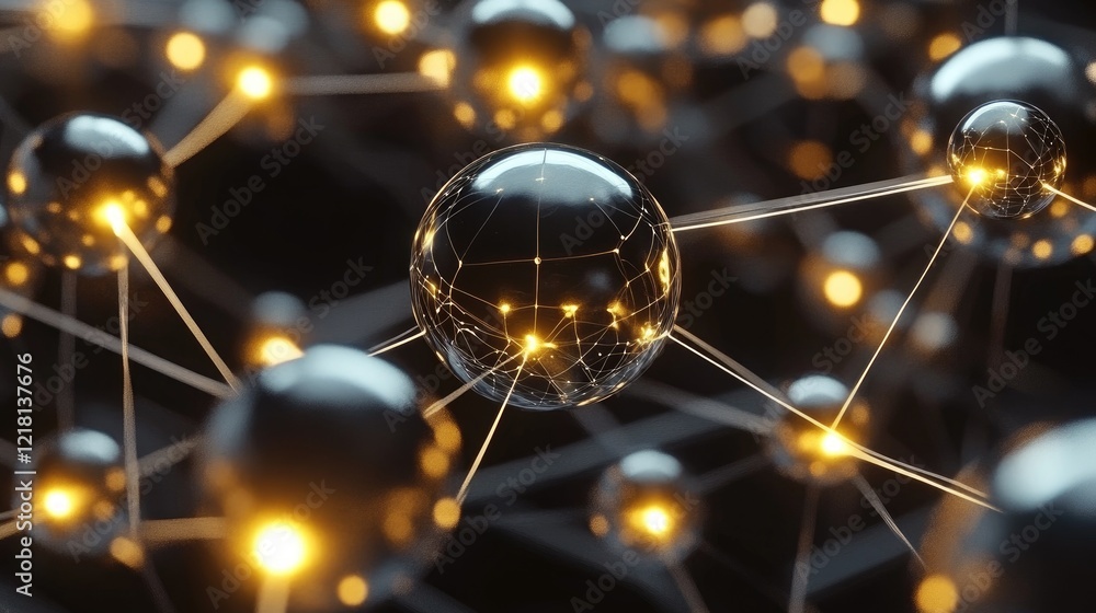 Poster High-tech visualization of AI cubes and spheres connected through glowing networks, representing the advanced nature of artificial intelligence and its capabilities