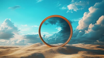 Golden Circular Frame Reflecting Sky Over Sandy Dunes