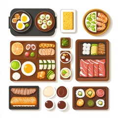 Asian cuisine variety; restaurant food; overhead view; delicious meal; bento boxes