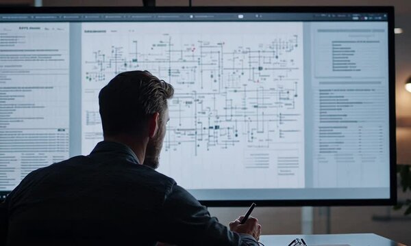 Man analyzing complex data flowchart on a large screen in a modern office setting