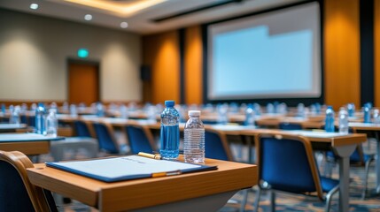 Conference room with water bottles on table, ready for meeting attendees. Image ideal for business, corporate, or event planning websites.