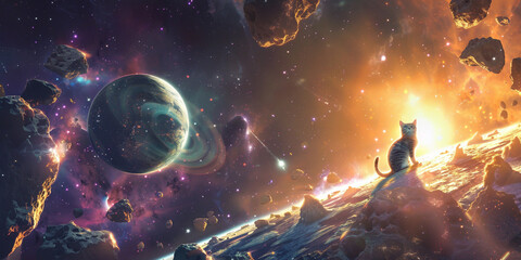Naklejka premium A cat silhouetted against a cosmic backdrop with planets, asteroids, and a bright star.