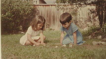 Two young children happily playing with white stones in a garden on a sunny day